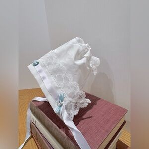 White Lace Baby Bonnet with Blue Accents
